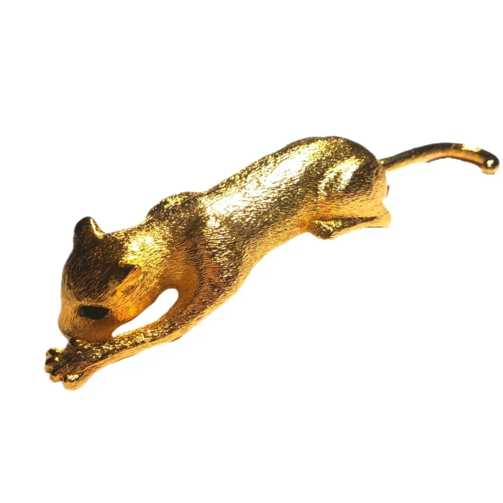 VINTAGE Leaping Leopard Brooch Emerald Glass Crystal Eyes & Moving Tail 5.25